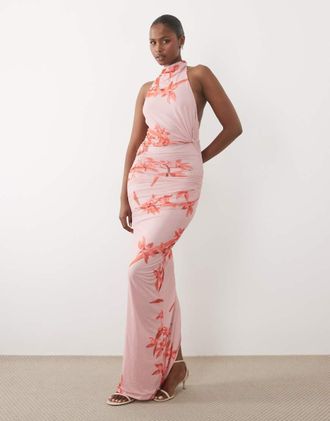 Asos Vestito lungo allacciato al collo in rete rosa a fiori con dettaglio attorcigliato sul bustino e allacciatura sul retro-Multi