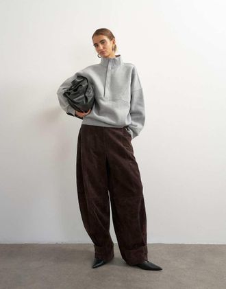 Topshop co-ord premium pantaloni bombati in vera pelle scamosciata marroni-Marrone