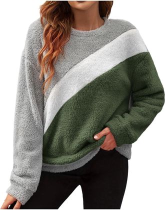 Generic Blackish Green Womens Fuzzy Fleece Pullover Sweatshirt Colour Block Sherpa Warm Jacket Teddy Plush Long Sleeve Round Neck Soft Thermal Jumpers Autumn 
