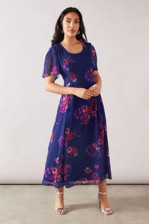 Wallis Womens Petite Printed Chiffon Midi Dress - Blue - Size 14 UK