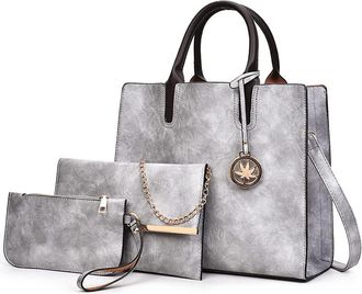 Generic Women Large Satchel Handbag Leather Crossbody Tote Ladies Shoulder Bag Top Handle Purses with Clutch 3PCS Set (Gray)