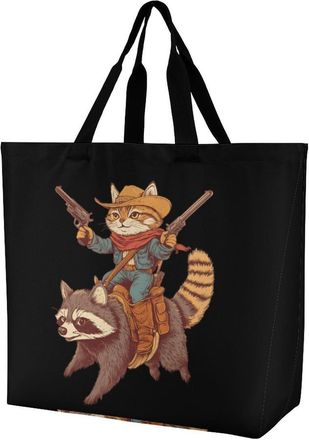 Generic Cat Riding A Raccoon Reusable Shopping Bags Large Capacity Grocery Bag Heavy Duty Tote for Women 40x40x16cm