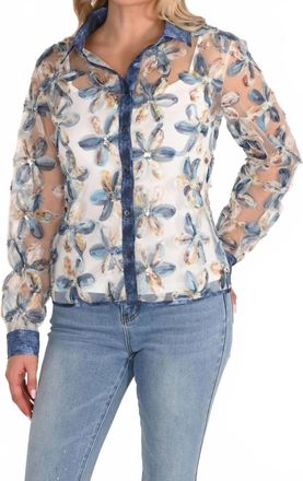 Frank Lyman Design 3D Flower Sequin Woven Button Up Top In Blue Multi
