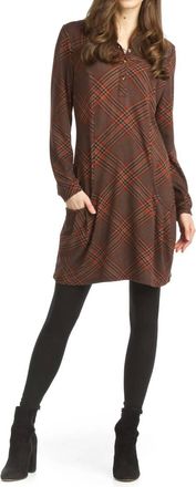 Papillon Plaid Knit Henley Dress With Pockets In Brown
