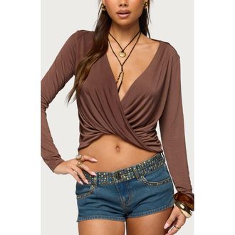 Edikted Draped Neck Long Sleeve Top in Brown at Nordstrom, Size X-Small