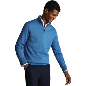 CHARLES TYRWHITT Merino Zip Neck Long Sleeve Sweater in Ocean Blue at Nordstrom, Size X-Large