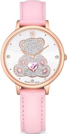 Swarovski Crystal Teddy Leather Strap Watch, 35mm in White/Pink at Nordstrom
