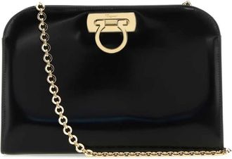 Ferragamo Zwarte leren clutch met schouderriem - Dames - Schoudertassen - Zwart - ONE Size - Leer - Tassen