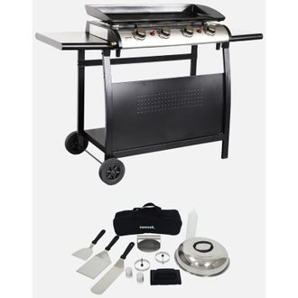 Sweeek Piastra plancha a gas in acciaio inox con 4 bruciatori 10kW, carrello e utensili