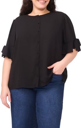 CeCe by Cynthia Steffe Ruffle Short Sleeve Shirt in Rich Black at Nordstrom, Size 2 X