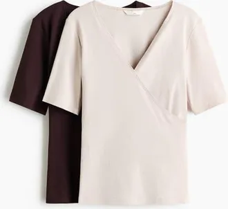 H&M Mama 2-pack Nursing Tops in Dark Brown/cream at Nordstrom, Size Xx-Large