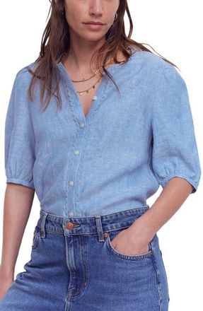 Boden Leah Short Sleeve Linen Button-Up Shirt in Chambray at Nordstrom, Size 10
