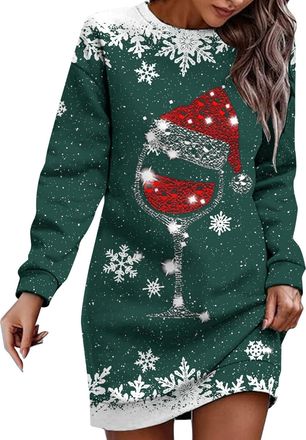 Generic Christmas Party Dresses Women Ladies Long Sleeve Round Neck Xmas Graphic Print Jumper Dress Winter Casual Dress