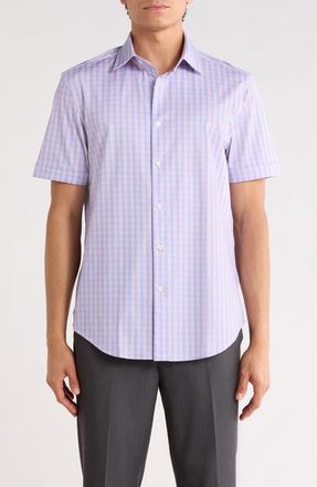 Bugatchi Plaid Stretch Cotton Short Sleeve Button-Up Shirt in Dusty Pink at Nordstrom Rack, Size Xxx-Large