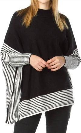 Papillon Knit Sleeved Poncho With Stripe Contrast Border In Black