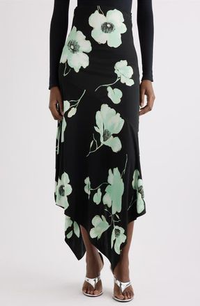 Alaia Floral High Waist Asymmetric Jersey Skirt in Noir/aqua at Nordstrom, Size 36