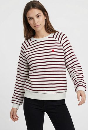 Pieces Sweatshirt PIECES PCGRETA LS EMB UB SWEAT FC, Damen, Gr. XXL, cloud dancer stripes:tawny port, heart emb, Sweatware, Obermaterial: 78% Baumwolle, 22% 