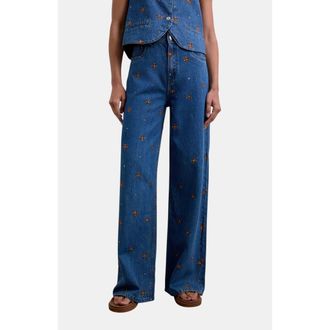 Scalpers Embflower Denim Pant in Indigo at Nordstrom, Size 38
