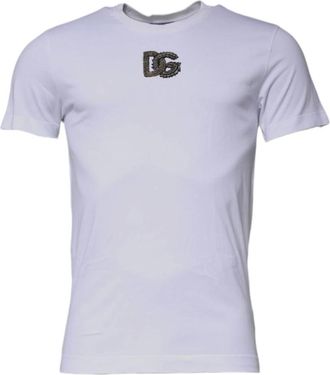 Dolce & Gabbana Tops, Heren, Wit, S, Katoen, Wit Katoenen Logo Crew Neck T-shirt