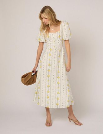 Nobody's Child White Floral Puff Sleeve Melody Midi Dress