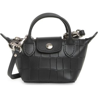 Longchamp Le Pliage Cuir X-Small Croc Embossed Crossbody Bag in Black at Nordstrom Rack