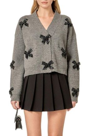 English Factory Beaded Bow Oversize Cardigan in Charcoal at Nordstrom, Size X-Small