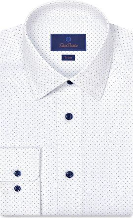 David Donahue Trim Fit Geometric Dot Print Stretch Cotton Dress Shirt in White/Navy at Nordstrom, Size 18.5 - 34