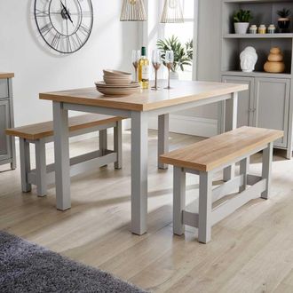 Home Source Industries Oak Breakfast Table & Bench Set of 2 Benches Two Tone Avon 36mm Top in Light Grey
