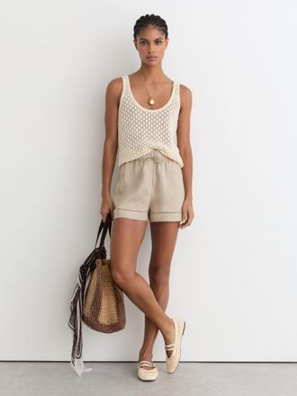 Reiss Neutral Linen Ladder-embroidery Shorts, 14
