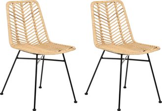 Beliani Conjunto De 2 Sillas Respaldo Y Asiento De Rat&aacute;n Sin Reposabrazos Patas De Hierro Dise&ntilde;o Boho Natural Dilley