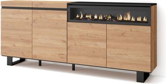 Skraut Home Aparadores Para Sal&oacute;n, Gran Capacidad De Almacenaje, 200x87x35cm, 4 Puertas, Chimenea El&eacute;ctrica, Dise&ntilde;o Industrial, Estilo Moderno, Roble Y Negro - Sk