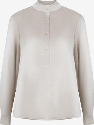 Herzen&rsquo;s Angelegenheit Lang&auml;rmelige Bluse mit ausgefranstem Stehkragen aus Seide