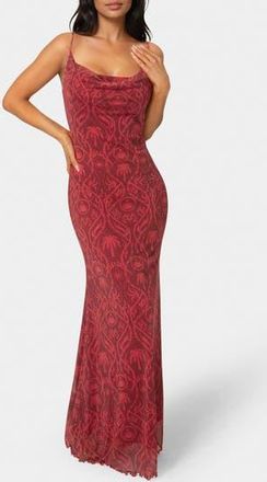 Bebe Printed Mesh Cowl Midi Dress in Merlot at Nordstrom Rack, Size X-Large
