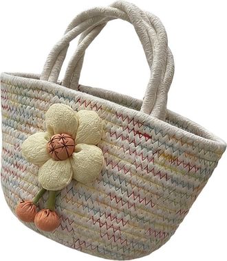 Generic Woven Rope Basket, Tote Bags for Women, Woven Shoulder Bag Straw Bag with Flower Decoration, Ladies Holiday Bags for Travel, Beach and Shopping, 28x25