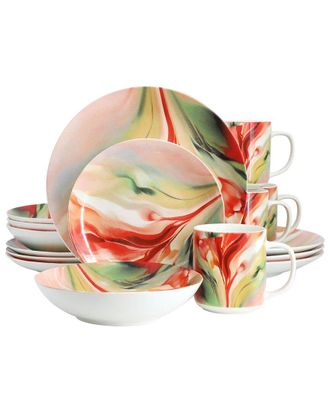 Elama Autumn Storm 16Pc Abstract Round Porcelain Dinnerware Set