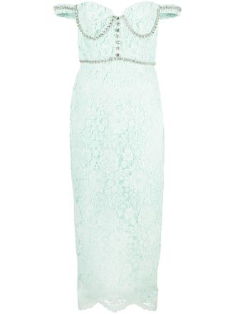 Self Portrait off-shoulder lace midi dress - women - Polyester/Polyester - 6 - Green