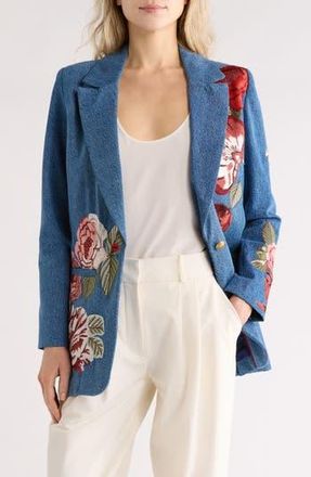 Alice & Olivia Billie Embroidered Boxy Denim Blazer in Brooklyn Blue/Multi at Nordstrom Rack, Size X-Small