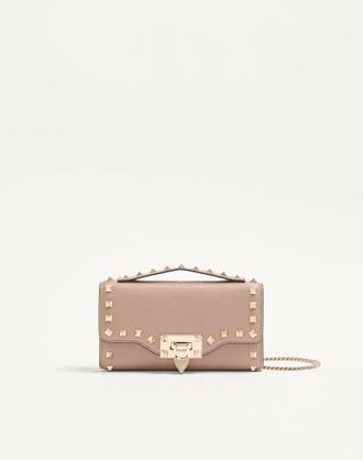 Valentino Garavani Portafoglio Con Catena Rockstud In Vitello Granato Donna POUDRE UNI