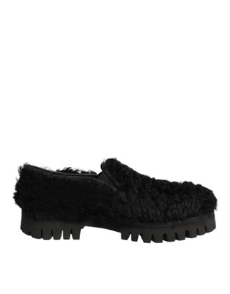 Dolce & Gabbana Dress Black Fur Leather Slippers Men Mens Shoes