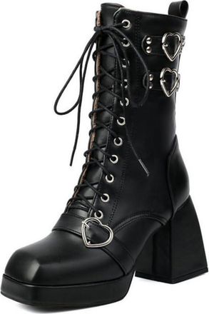 Generic Womens Lace-Up Combat Boots with Square Toe & Buckle Details for Work & Casual Wear,Riding Style,Black,10 UK