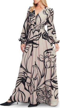 Flying Tomato Floral Long Sleeve Maxi Dress in Taupe Black at Nordstrom Rack, Size Medium