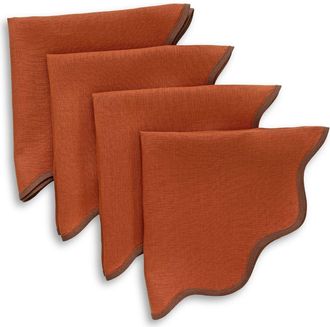 Solino Home Linen Dinner Napkins Set of 4, 20 Inch Round for Dining Table, Holiday and Everyday Table Decor - Giselle Scallop Edge in Brown And