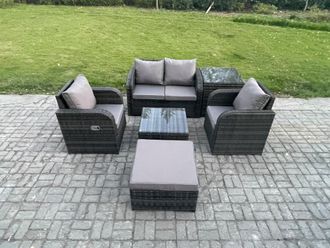 Fimous Wicker PE Rattan Garden Furniture Set Outdoor Lounge Sofa Set with Love Sofa Square Coffee Table Side Table in Dark Grey
