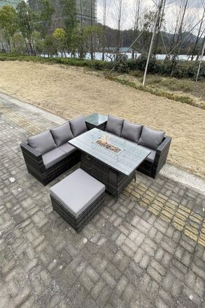 Fimous PE Rattan Garden Corner Furniture Gas Fire Pit Table Heater Lounge Big Footstool in Dark Grey