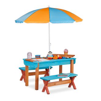 Relaxdays Mobiliario Infantil Para Jard&iacute;n, Set Con Mesa, Dos Bancos Y Sombrilla, Muebles De Exterior, Madera, Multi-color - Relaxdays