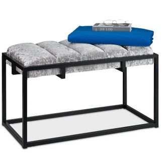 Relaxdays Banco Tapizado Terciopelo, para Recibidor, Pasillo, Pie de Cama, Descalzadora Vestidor, 47x80x40cm, Gris/Negro - Relaxdays