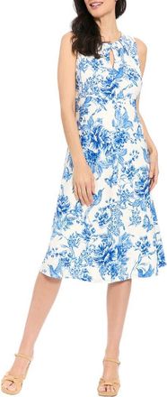 London Times Floral Keyhole Sleeveless A-Line MIdi Dress in Soft White/Sky Blue at Nordstrom Rack, Size 10