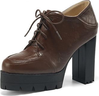 Generic Womens High Heeled Platform Pumps Lace Up Office Dress Shoes Round Toe PU Leather Casual Shoes,Brown,3.5 UK