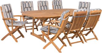 Beliani Conjunto De Comedor De Jard&iacute;n De Madera De Acacia Clara Con Cojines A Rayas Azul Beige Mesa Para 8 Personas Sillas Plegables Maui