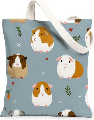 Generic Cute Guinea Pigs Canvas Tote Bag, Fun Animal Pattern Reusable Grocery Bags, Lightweight Washable Shoulder Strap Canvas Bags, Blue, 13x15 Inch